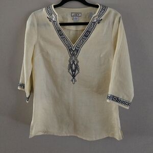 J.M.P. Women's 100% Linen Yellow Tunic 3/4 Sleeves Size Small Embroidered